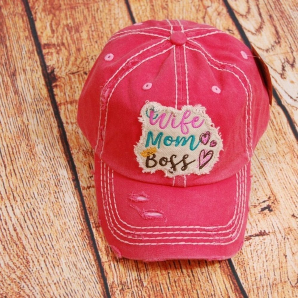 "WIFE‎ MOM BOSS" Distressed Ball Cap - Pink
